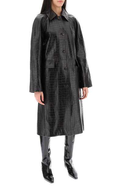 Crocodile Embossed Leather Coat  - Brown