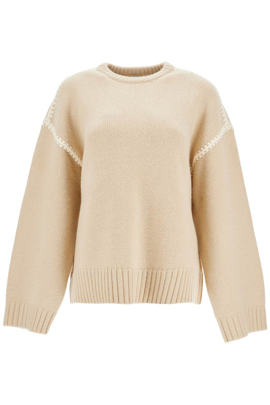 Light Beige Wool And Cashmere Sweater With Embroidery  - Beige