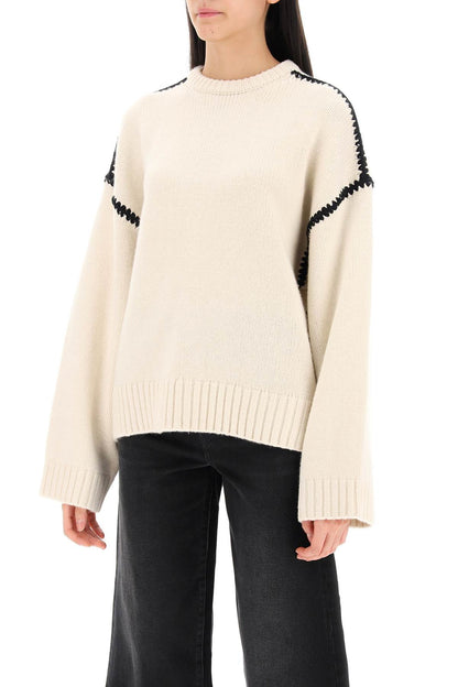 Sweater With Contrast Embroideries  - Neutro