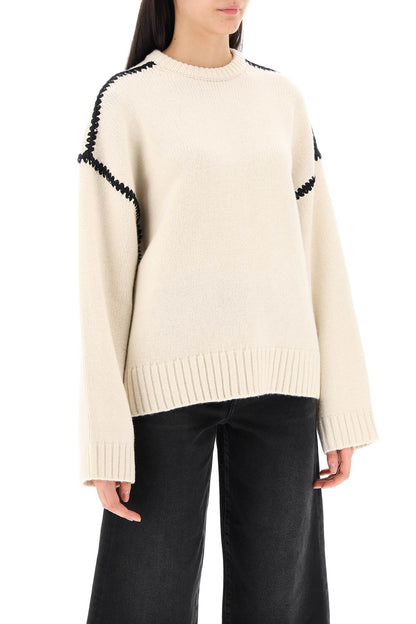 Sweater With Contrast Embroideries  - Neutro