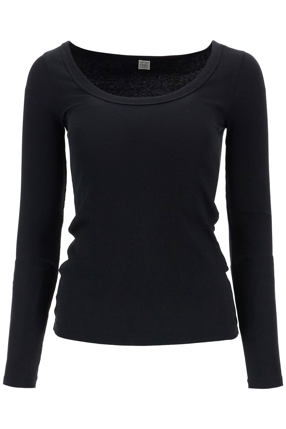 Black Organic Cotton Ribbed Top With Wide Neckline  - Black