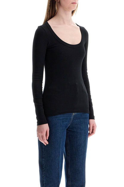 Black Organic Cotton Ribbed Top With Wide Neckline  - Black