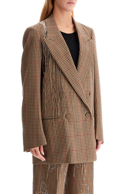 Blink Plaid Blazer With Crystal Chains  - Beige