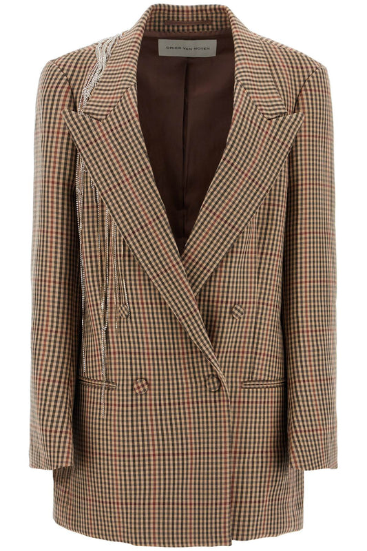 Blink Plaid Blazer With Crystal Chains  - Beige