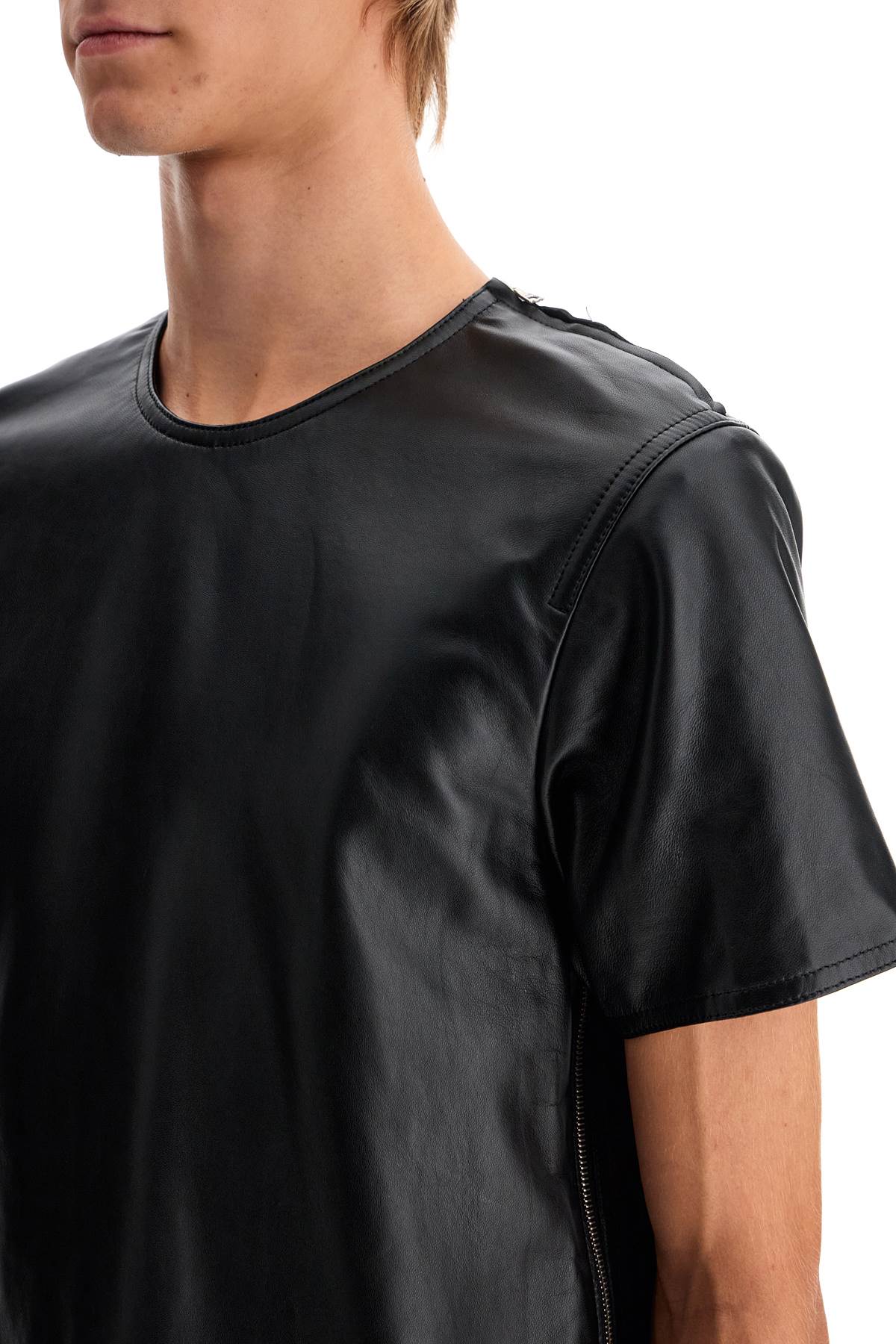 Leather T-shirt With Side Zipper  - Black