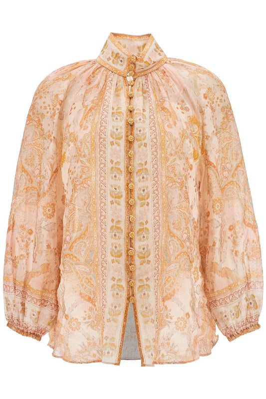 Cream And Pink High Neck Paisley Blouse In Rayon With Long Sleeves  - Beige