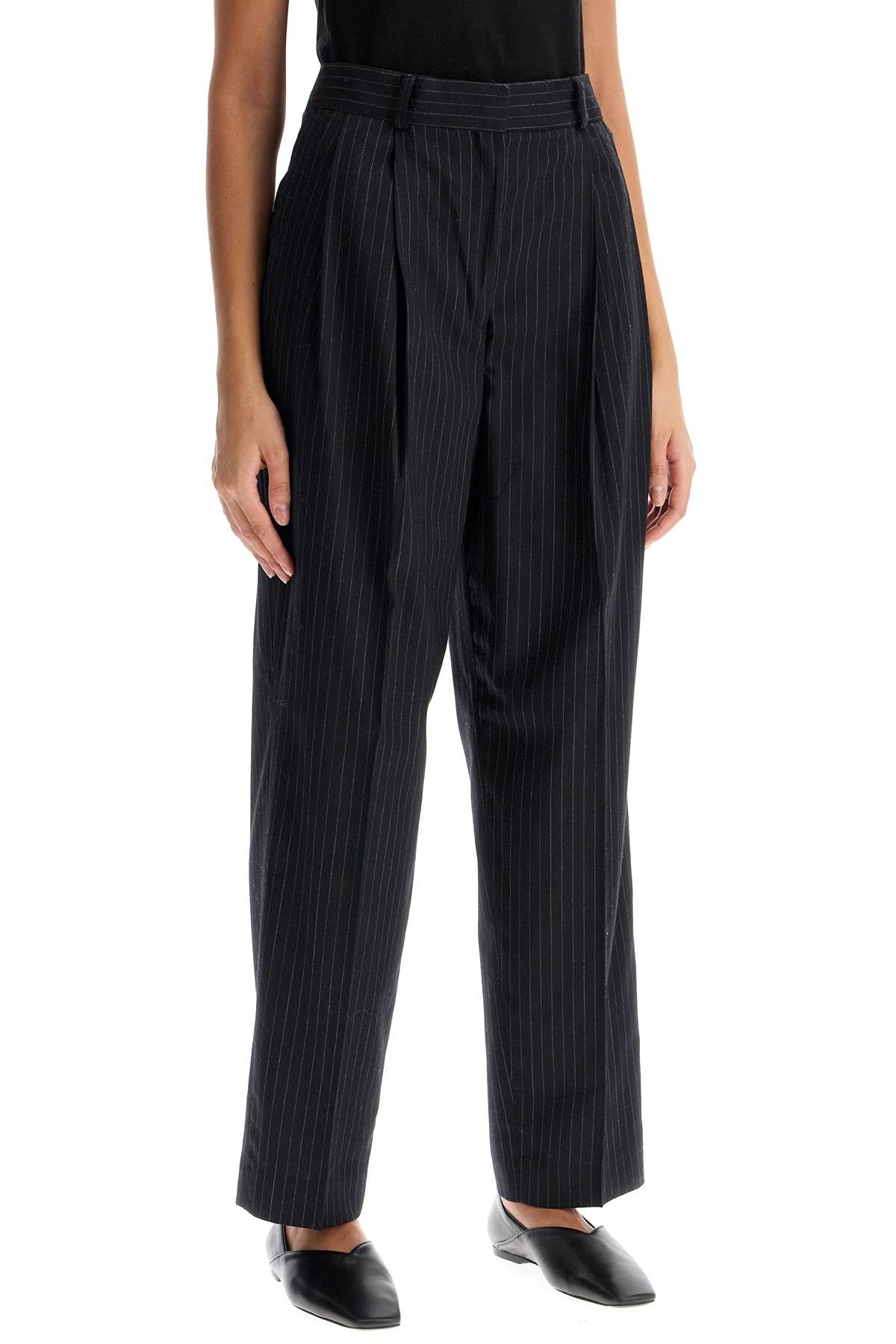 Double Pleated Pinstripe Trousers  - Blue