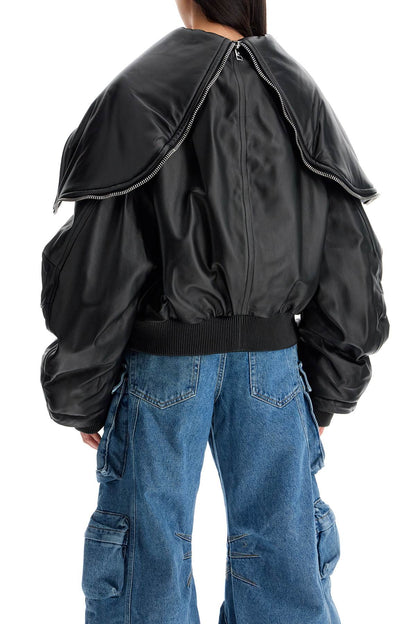 Nappa Bomber Jacket With Oversized Hood  - Black