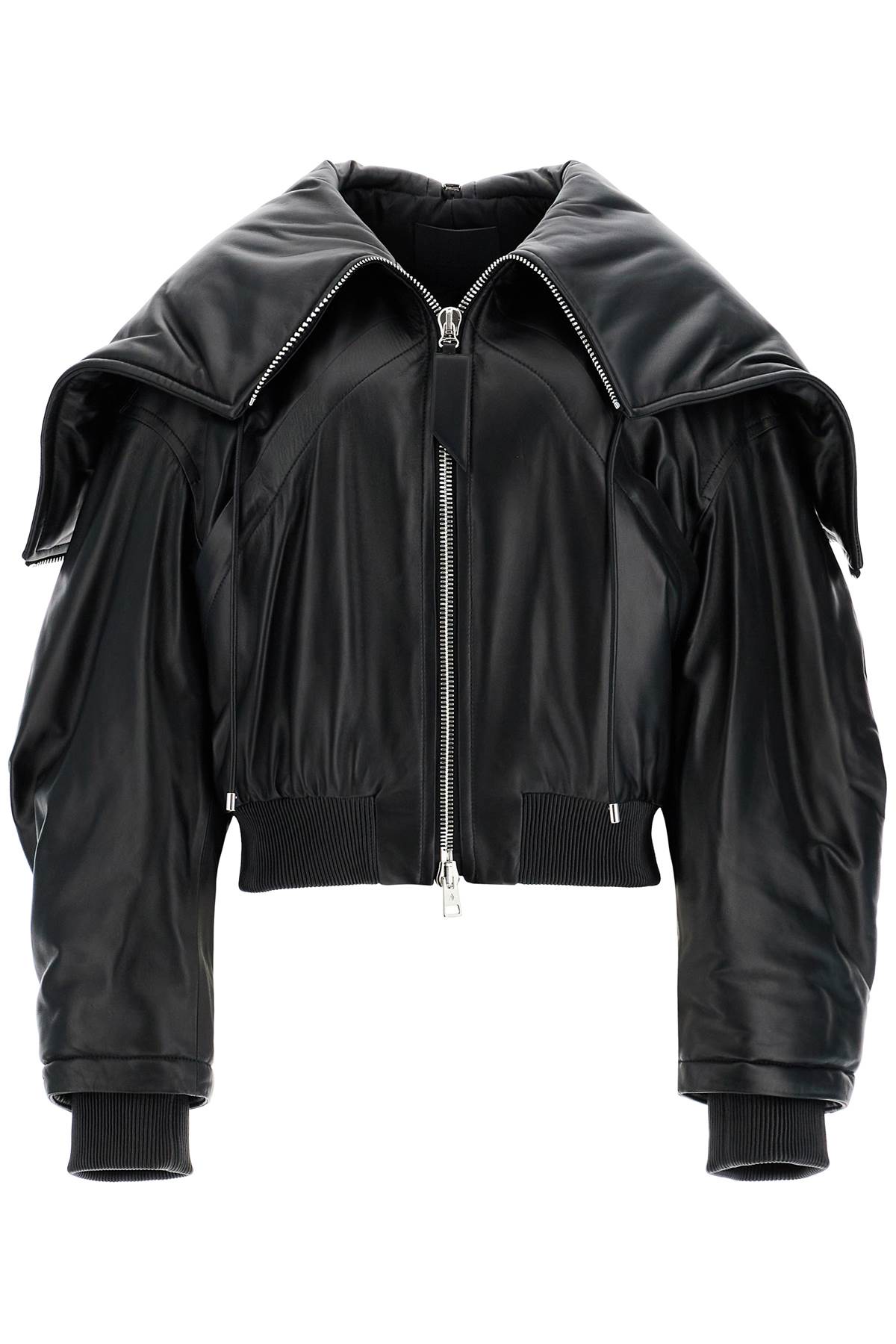 Nappa Bomber Jacket With Oversized Hood  - Black