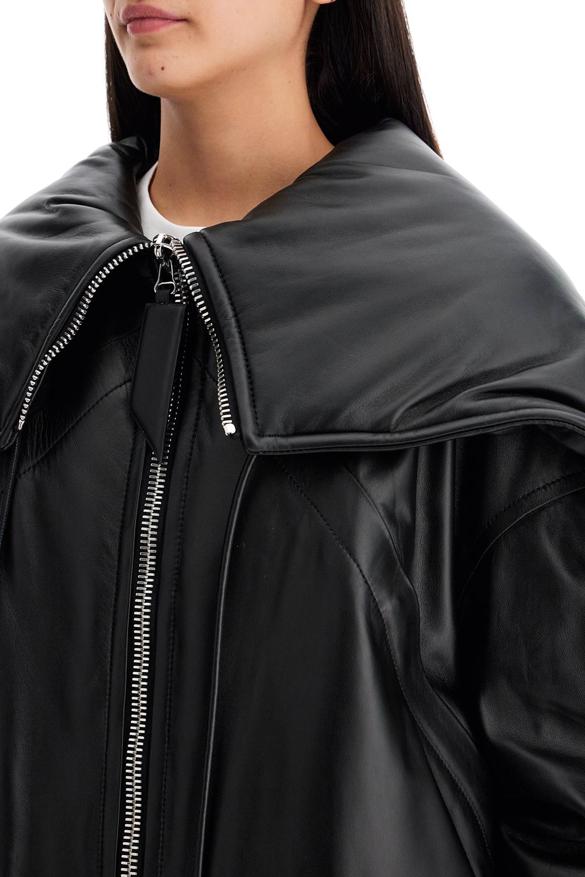 Nappa Bomber Jacket With Oversized Hood  - Black