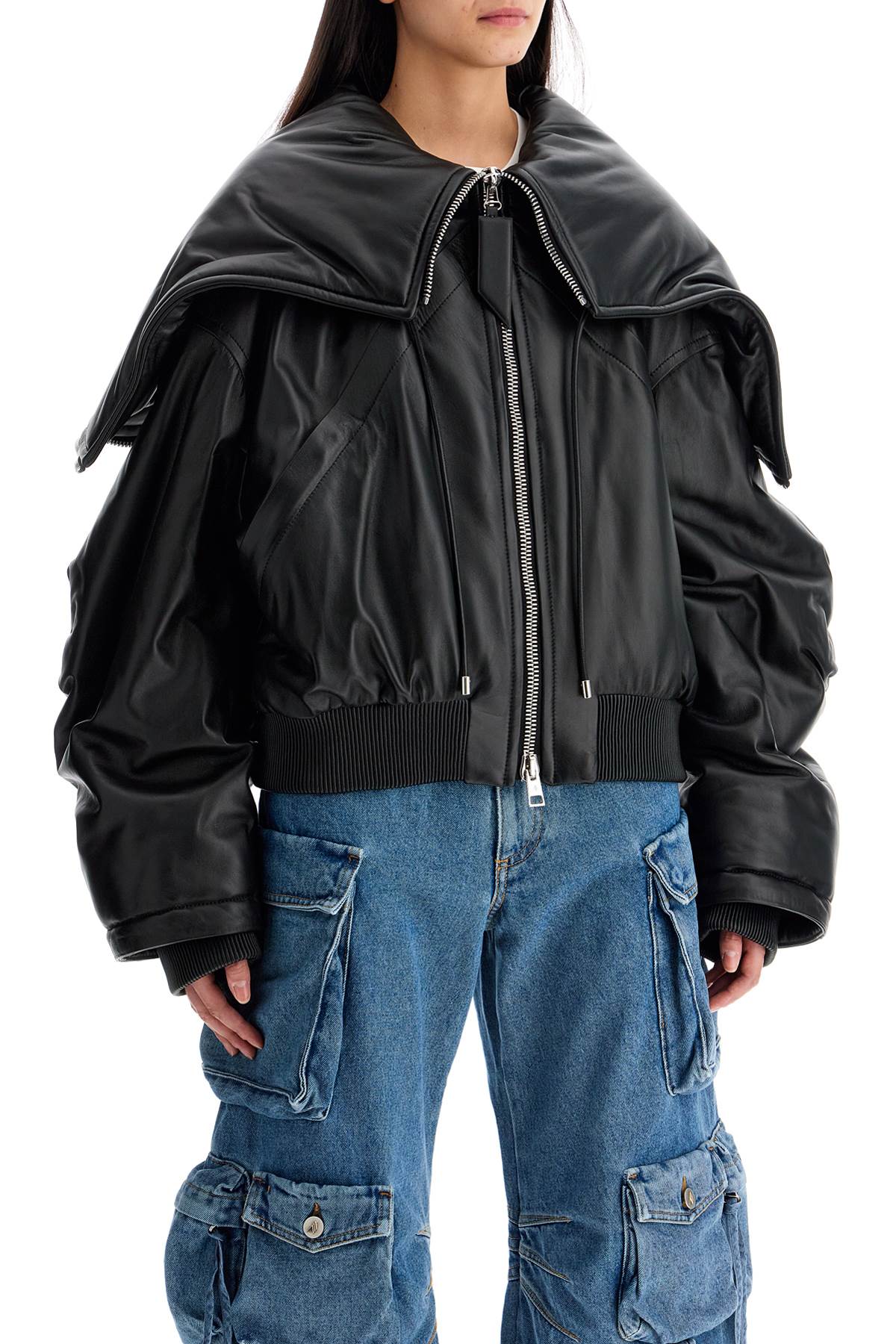 Nappa Bomber Jacket With Oversized Hood  - Black