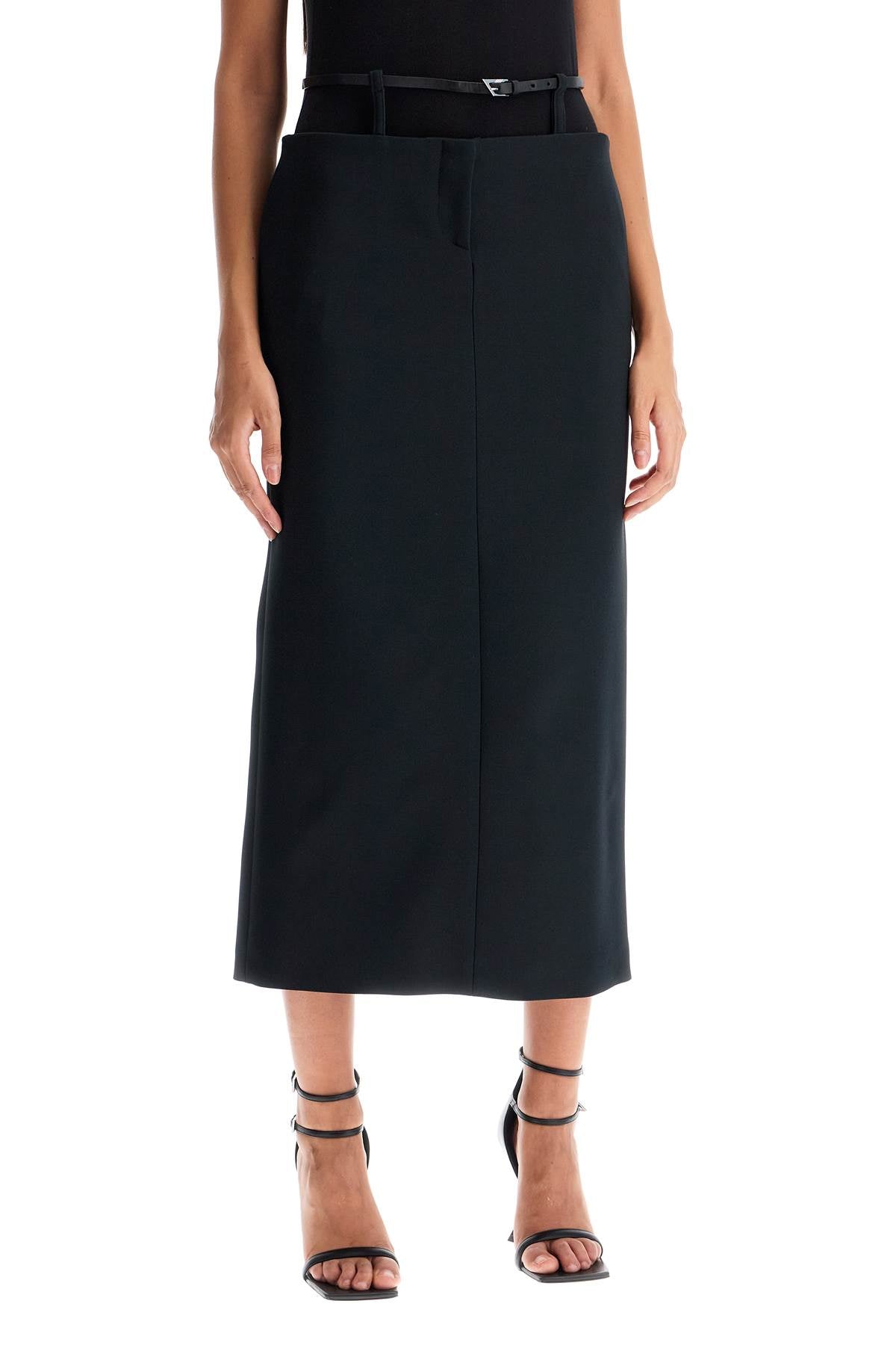 Midi Skirt With Thin Belt  - Black