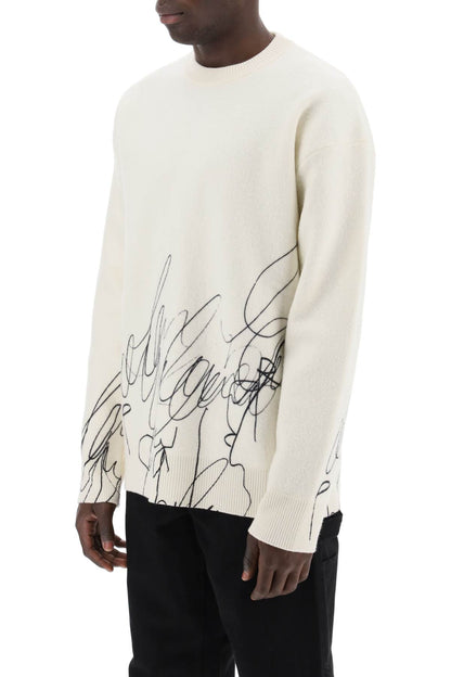 Scribble Print Wool Cotta Pullover  - White