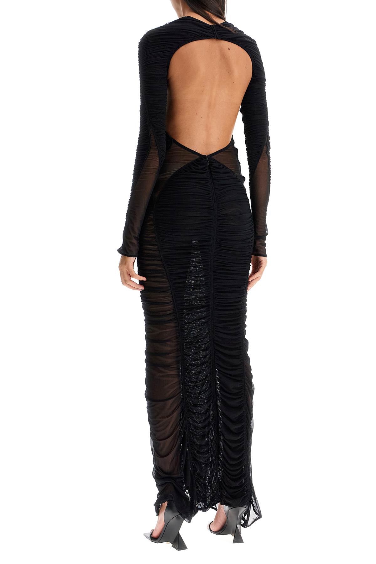 Ruffled Maxi Dress In Mesh Fabric  - Black