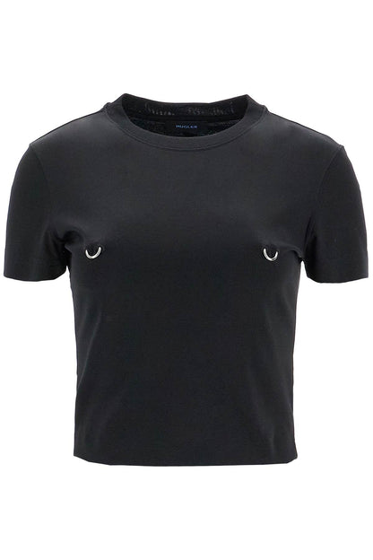 Cropped T-shirt With Piercing  - Black