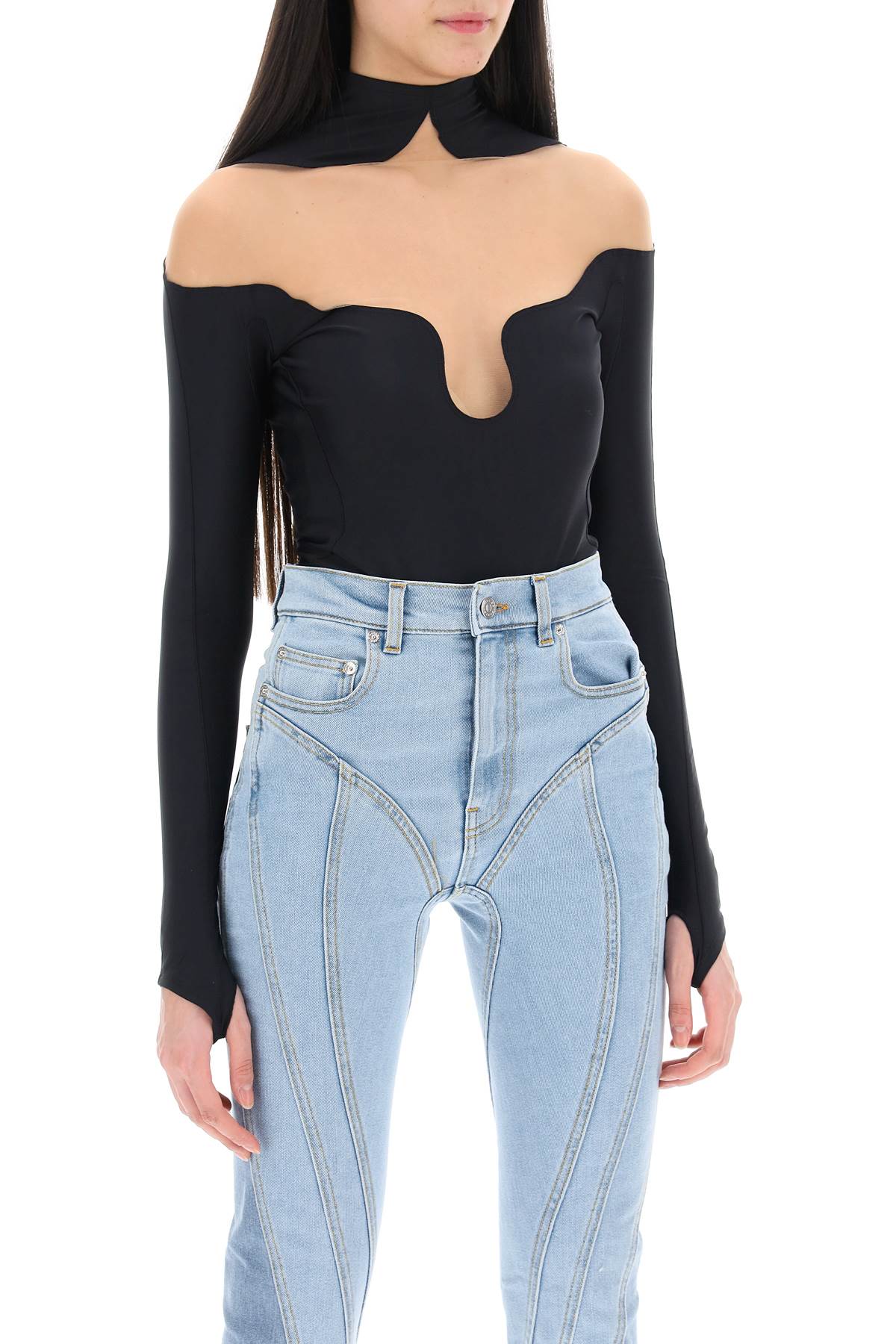 Long Sleeve Illusion Bodysuit  - Black