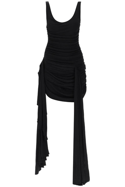 Draped Mini Dress With Side Trains  - Black