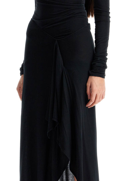 Long Draped Jersey Dress With Pleats  - Black