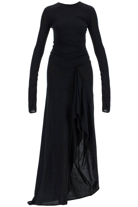 Long Draped Jersey Dress With Pleats  - Black