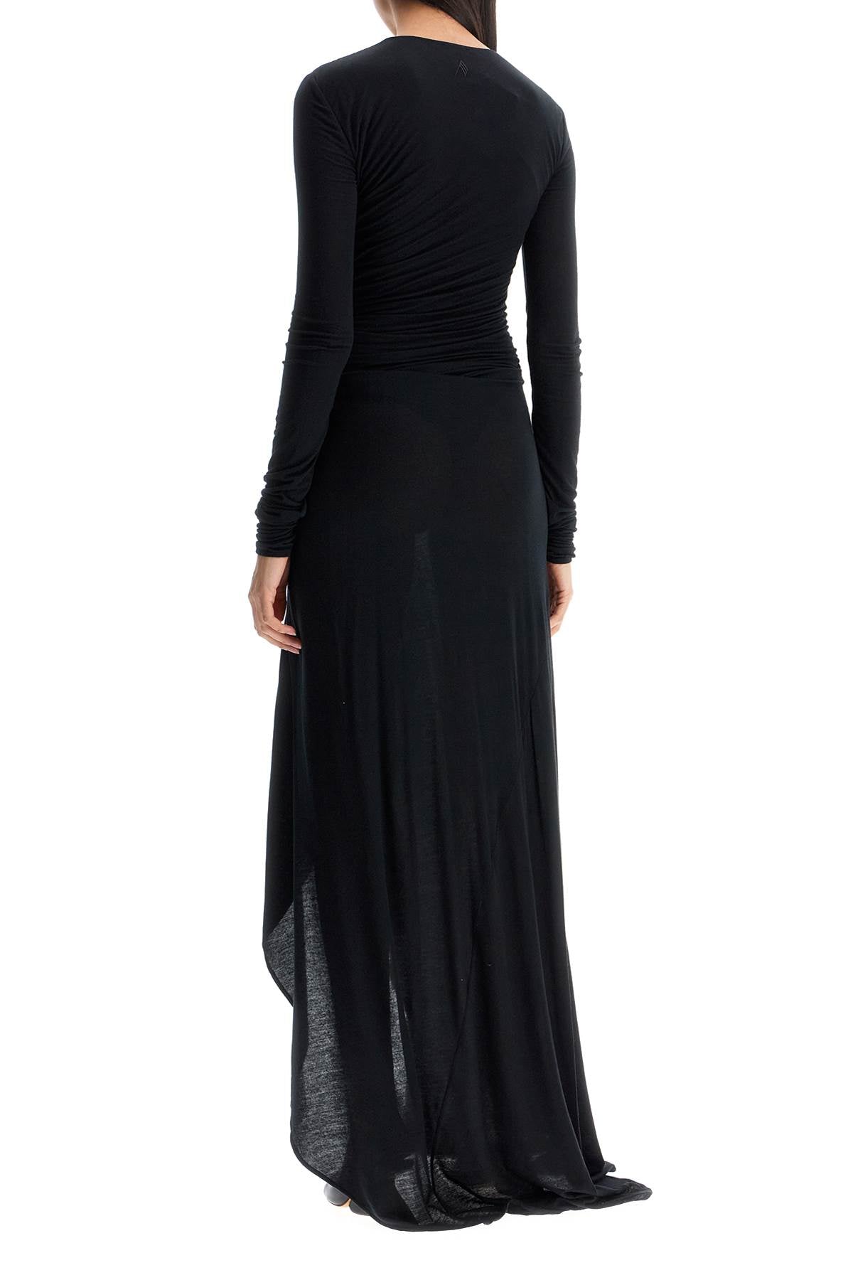 Long Draped Jersey Dress With Pleats  - Black