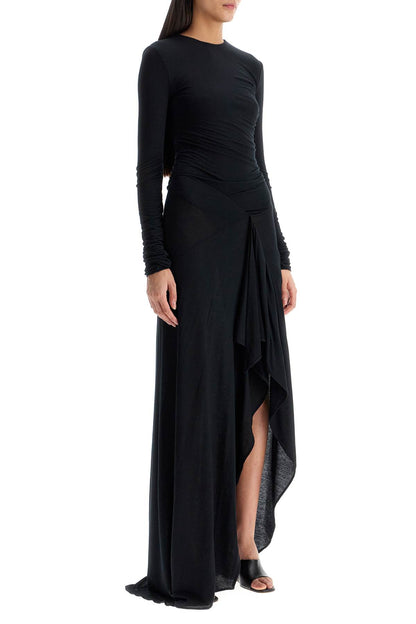 Long Draped Jersey Dress With Pleats  - Black