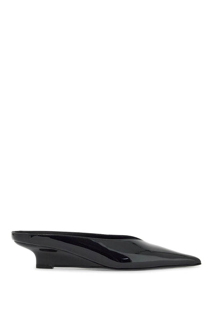 Black Patent Leather Wedge Mules With Pointed Toe  - Black