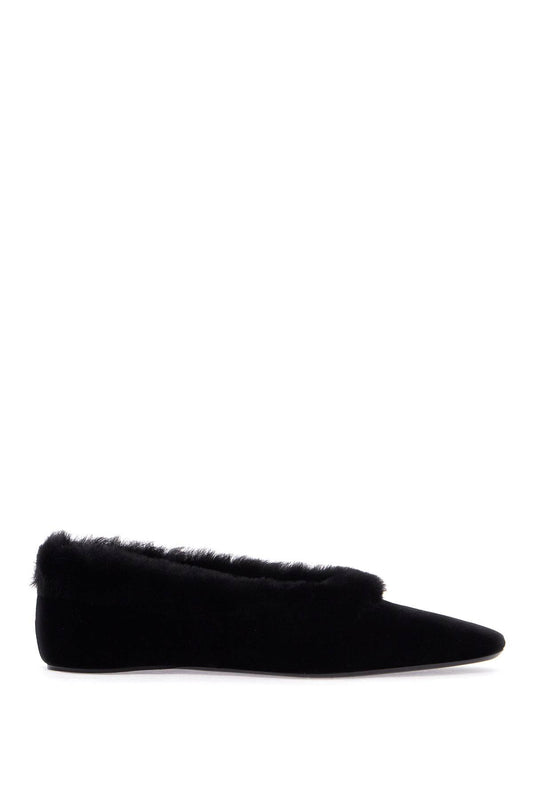 Black Velvet Ballerinas With Shearling Trim  - Black