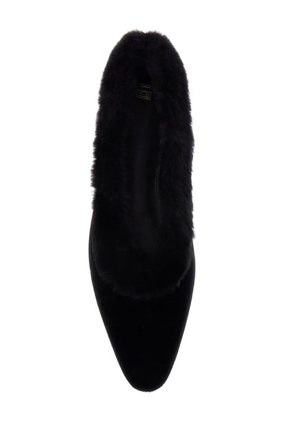 Black Velvet Ballerinas With Shearling Trim  - Black