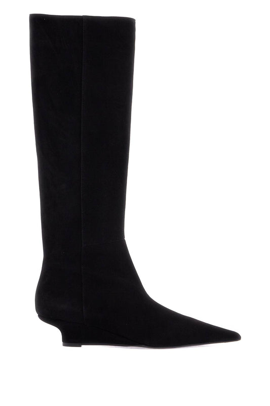 Black Suede Knee-high Boots With Low Heel  - Black