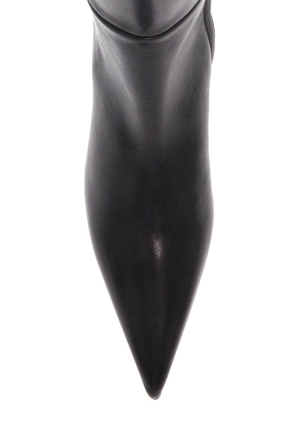 Black Leather Knee-high Boots With Low Heel And Pointed Toe  - Black