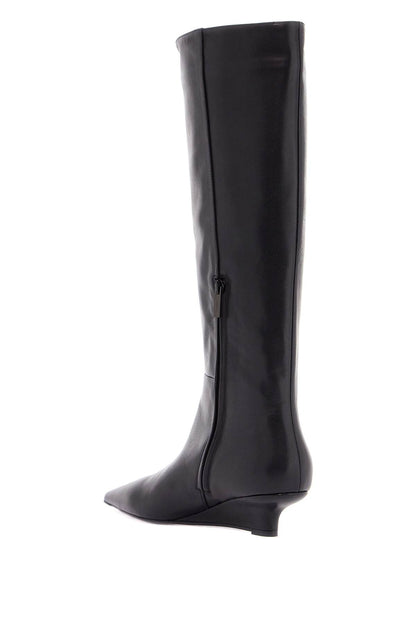 Black Leather Knee-high Boots With Low Heel And Pointed Toe  - Black