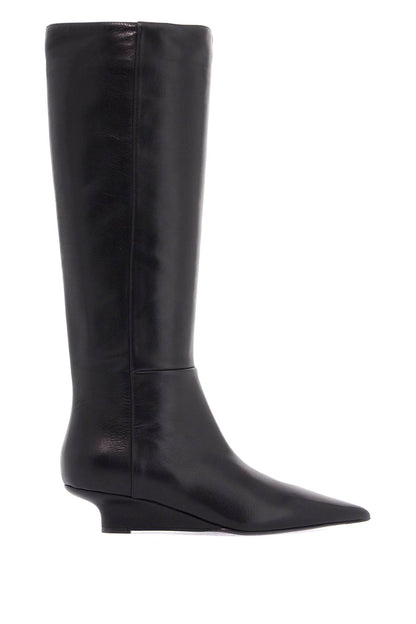 Black Leather Knee-high Boots With Low Heel And Pointed Toe  - Black