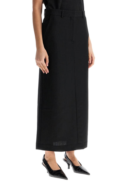 Black Midi Straight Low-waisted Skirt In Recycled Polyester And Wool  - Black