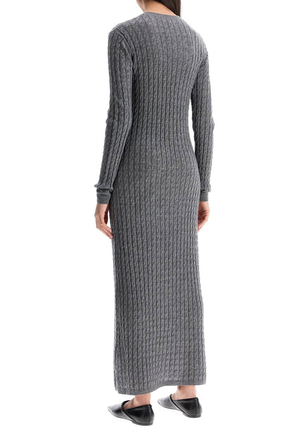 Long Dress In Rws Wool Gray Mélange With Cable Knit Pattern  - Grey