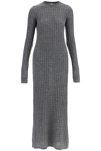 Long Dress In Rws Wool Gray Mélange With Cable Knit Pattern  - Grey