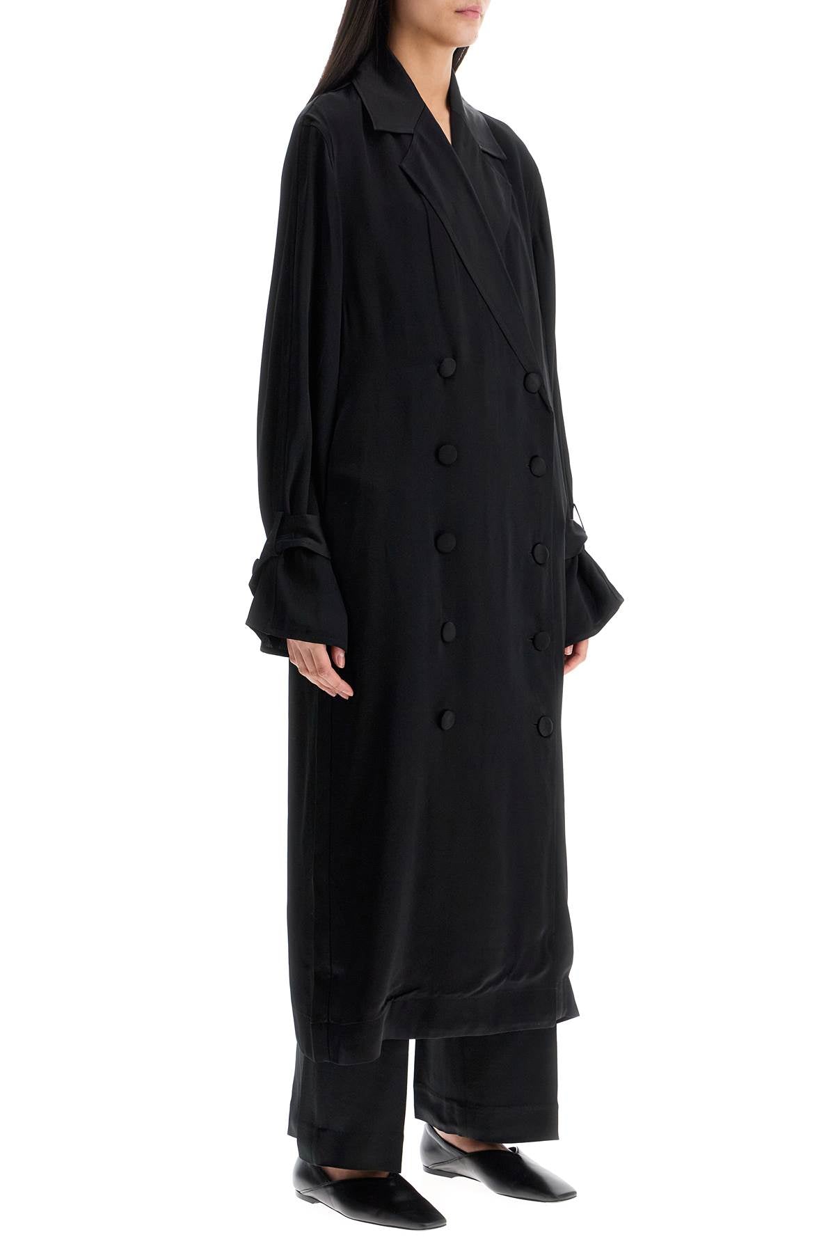 Black Satin Viscose Trench Dress  - Black