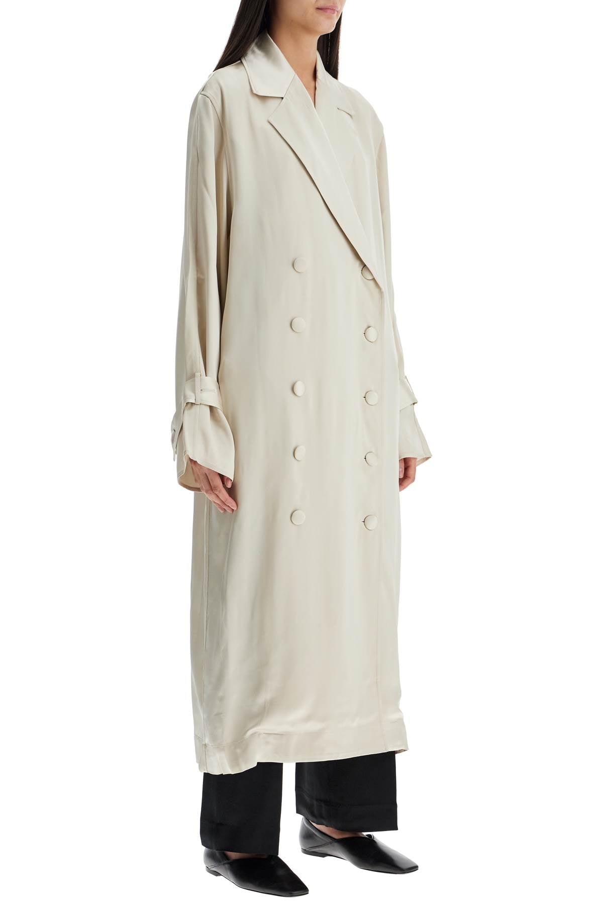 Long White Satin Trench Dress In Viscose  - White