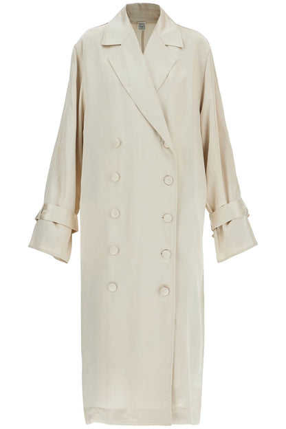 Long White Satin Trench Dress In Viscose  - White