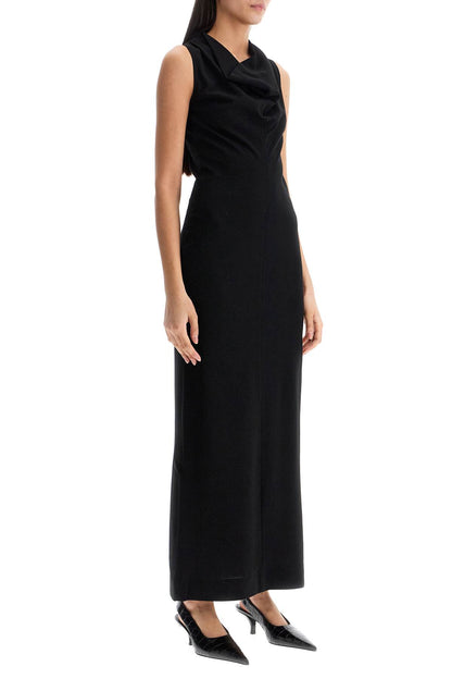 Maxi Dress In Black Wool With Cowl Neck Sleeveless  - Black