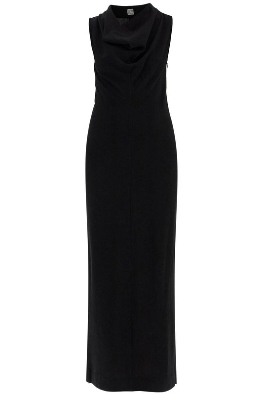 Maxi Dress In Black Wool With Cowl Neck Sleeveless  - Black