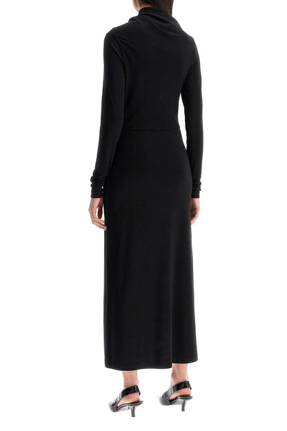 Long Draped Dress With Wide Neckline In Black, Long Sleeve, Slim Fit To Ankle  - Black