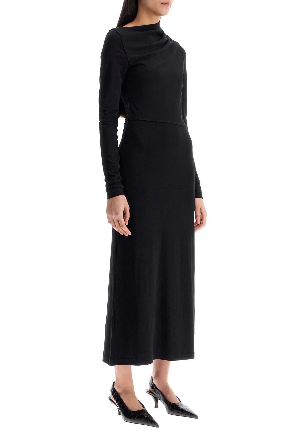 Long Draped Dress With Wide Neckline In Black, Long Sleeve, Slim Fit To Ankle  - Black