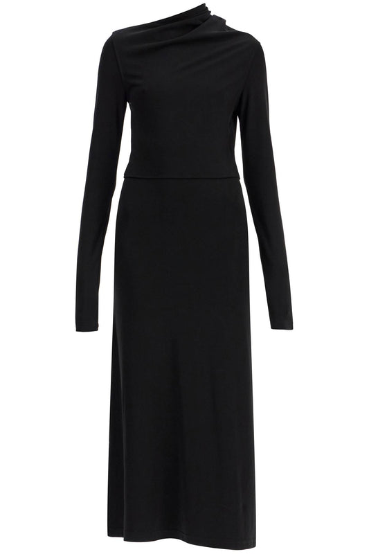 Long Draped Dress With Wide Neckline In Black, Long Sleeve, Slim Fit To Ankle  - Black