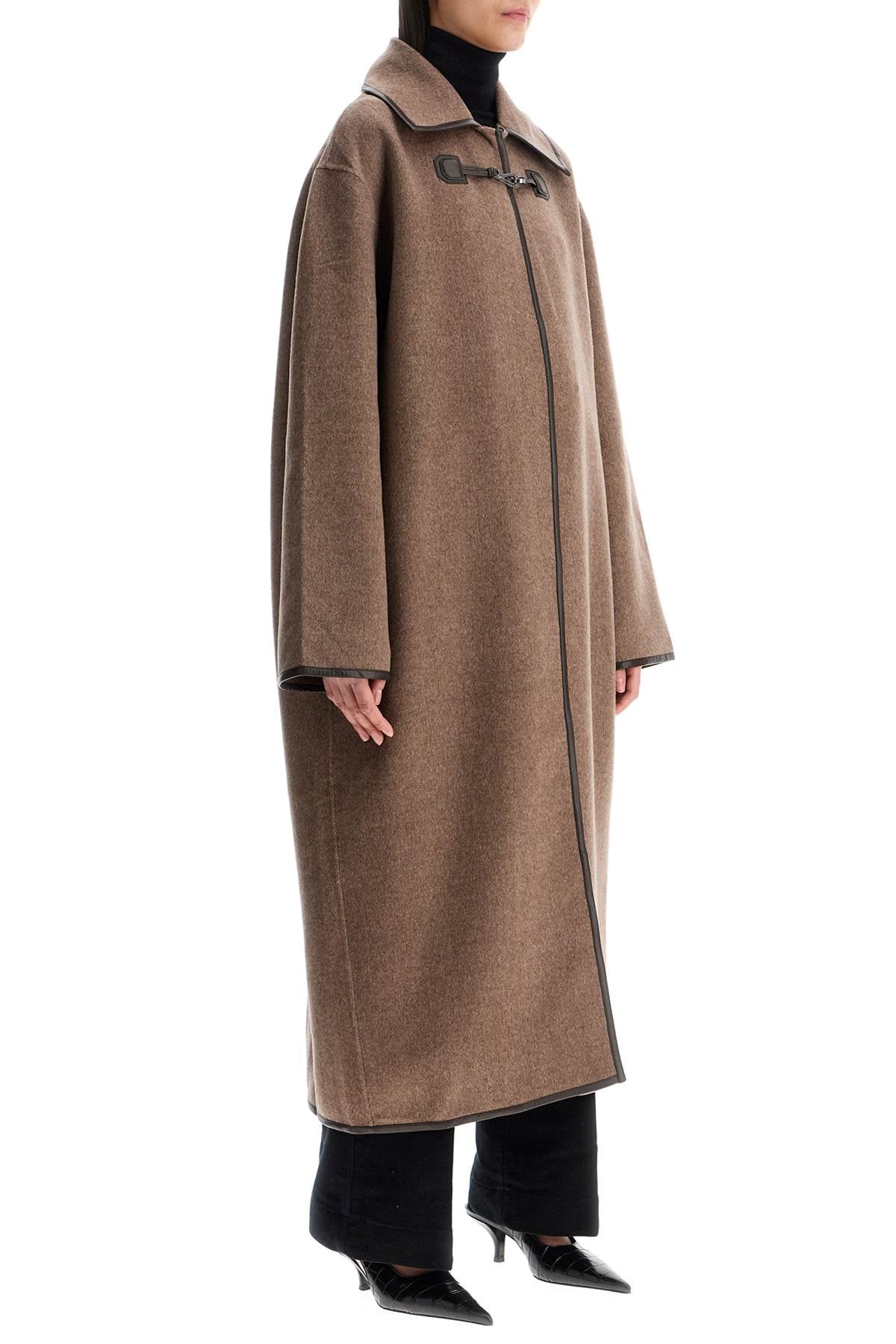 Oversized Brown Wool Long Coat With Minimalist Double Clasp  - Brown