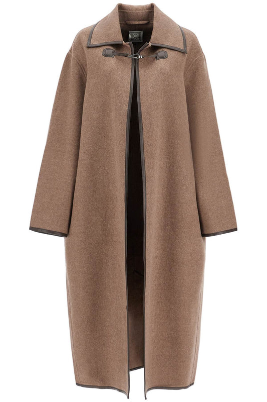 Oversized Brown Wool Long Coat With Minimalist Double Clasp  - Brown