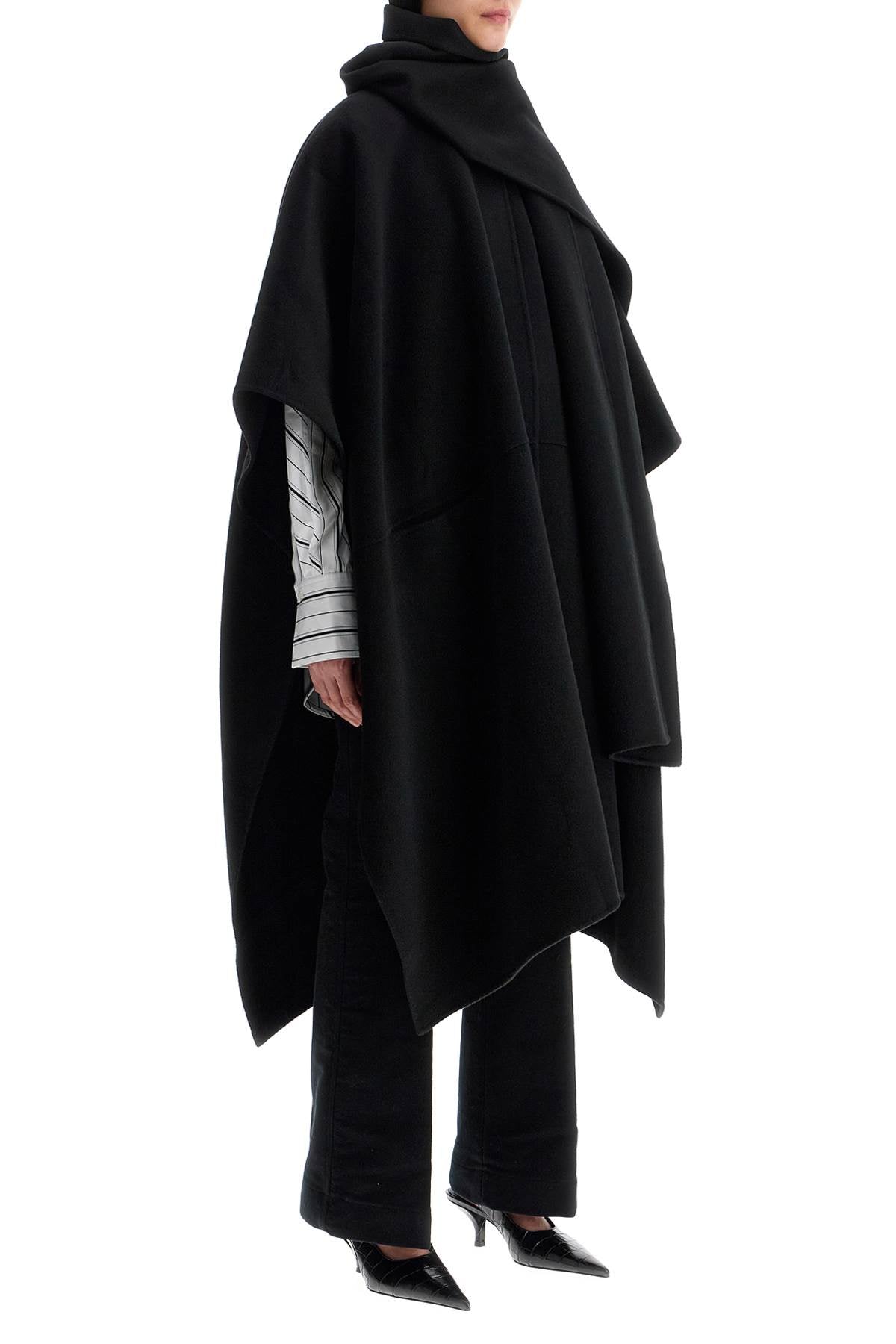 Asymmetrical Double Coat In Rws Wool Black High Collar  - Black