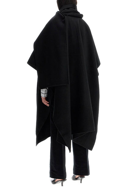 Asymmetrical Double Coat In Rws Wool Black High Collar  - Black