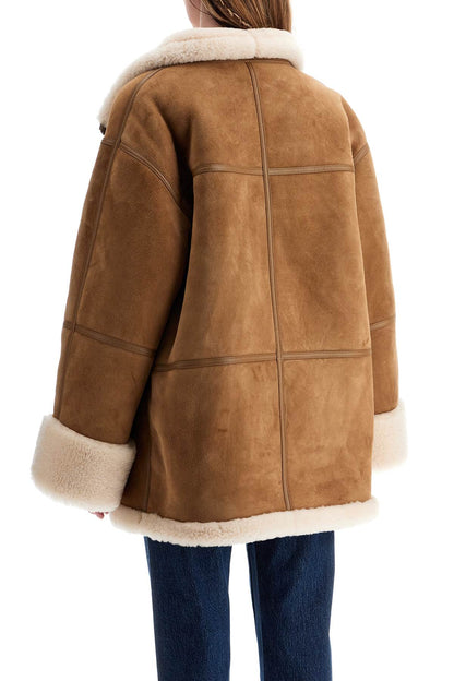 Biscuits Shearling Lamb Leather Jacket With Wide Collar  - Beige