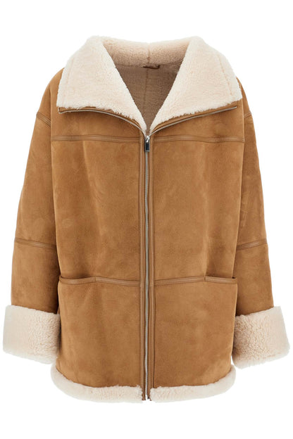 Biscuits Shearling Lamb Leather Jacket With Wide Collar  - Beige