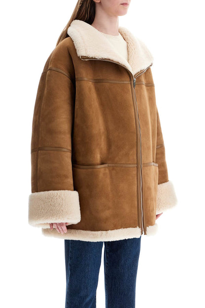 Biscuits Shearling Lamb Leather Jacket With Wide Collar  - Beige